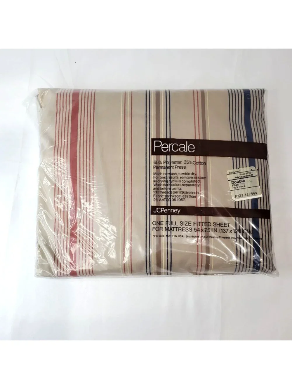 VTG JC Penney Percale Full Size Fitted Sheet Pale Taupe Multi Striped USA